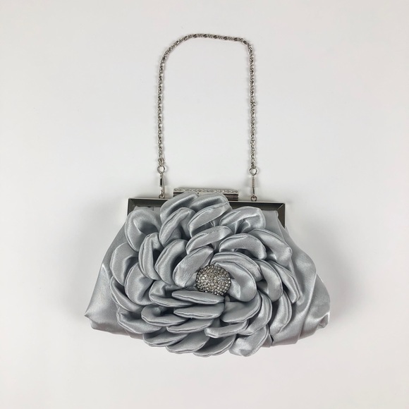 Silver Satin Crystal Flower Frame Evening Clutch - Picture 8 of 8